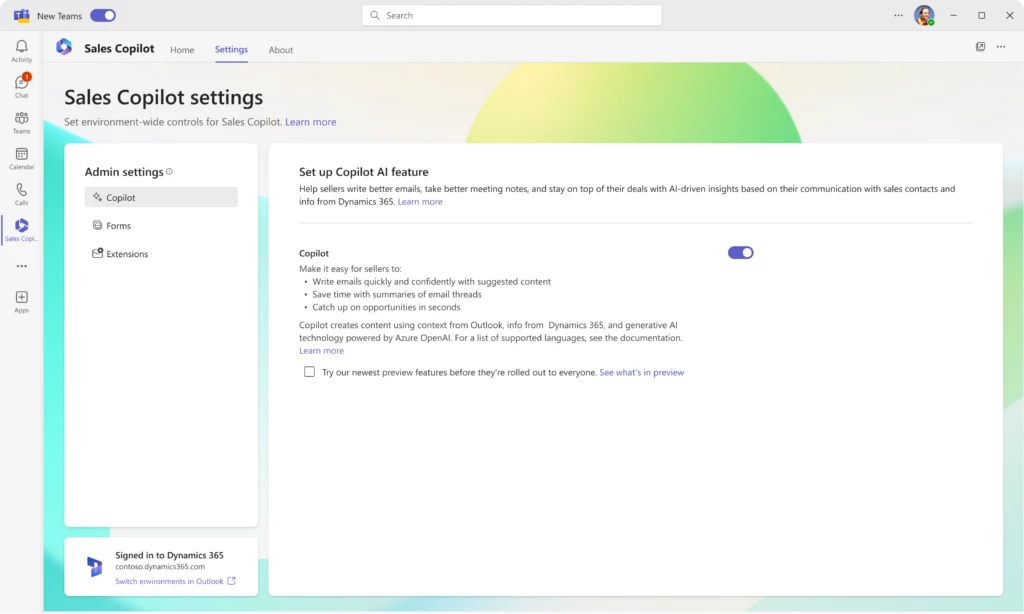 Microsoft Teams Sales Copilot settings screen