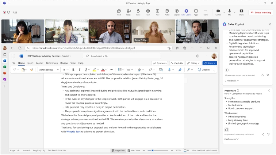 Sales Copilot presenting strengths and weakness from CRM when a competitor is mentioned in a Team meeting.
