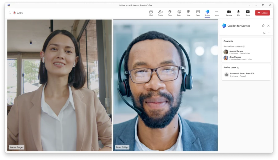 Product image of a service call in Teams. 