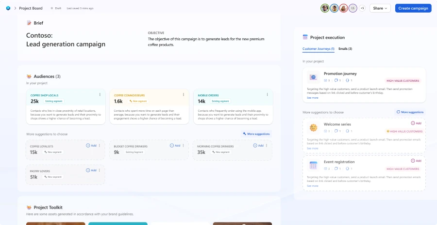 Screenshot of Dynamics 365 Customer Insights project board—highlighting curated audiences for streamlined marketing customization