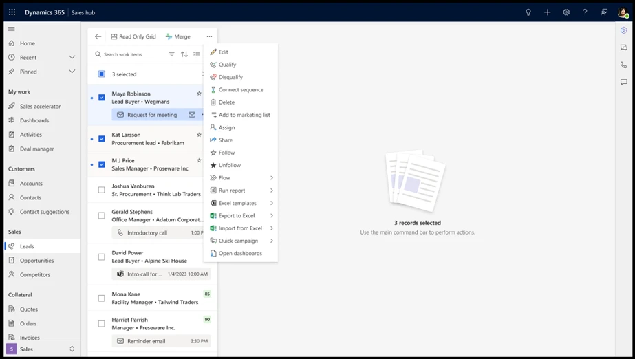 Dynamics 365 Sales hub view showing the focused view ability to multi select and ribbon command bar