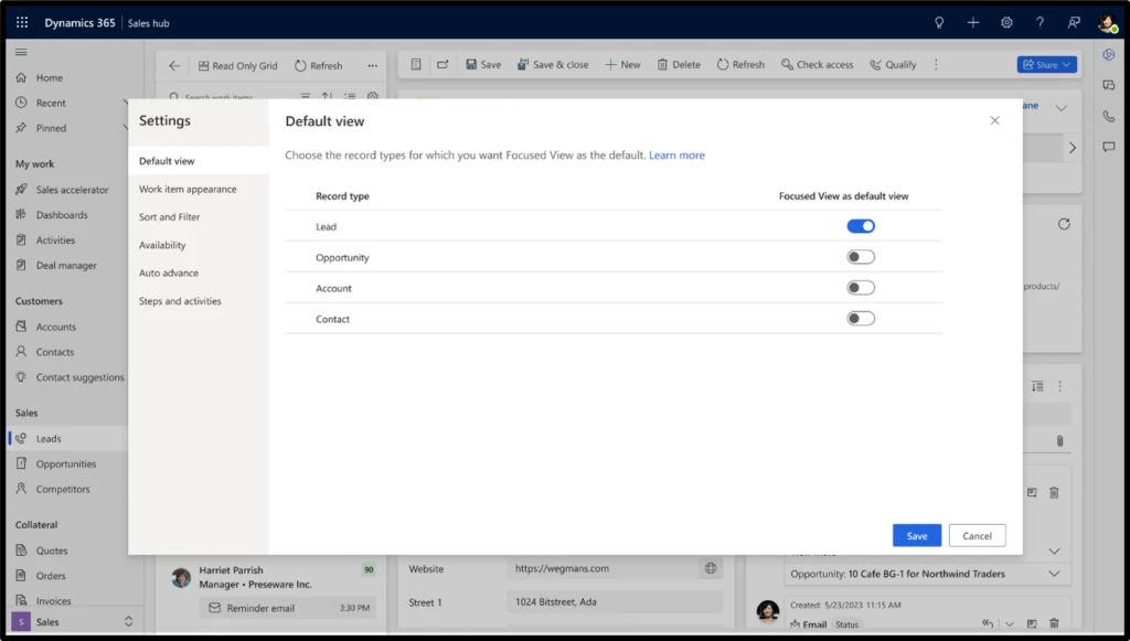 Dynamics 365 Sales hub with a pop up window offering to select record types for default view