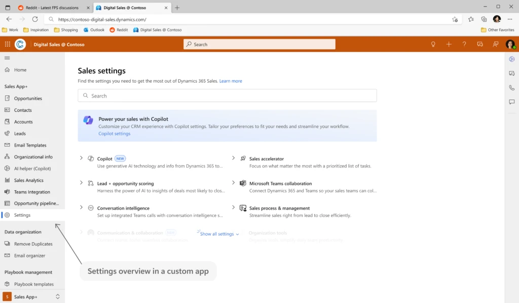 Screen showing custom app settings overview page