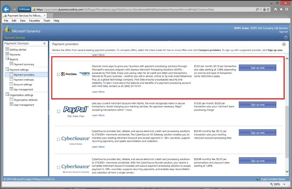 Screen capture of Microsoft Dynamics Online  sign up process.