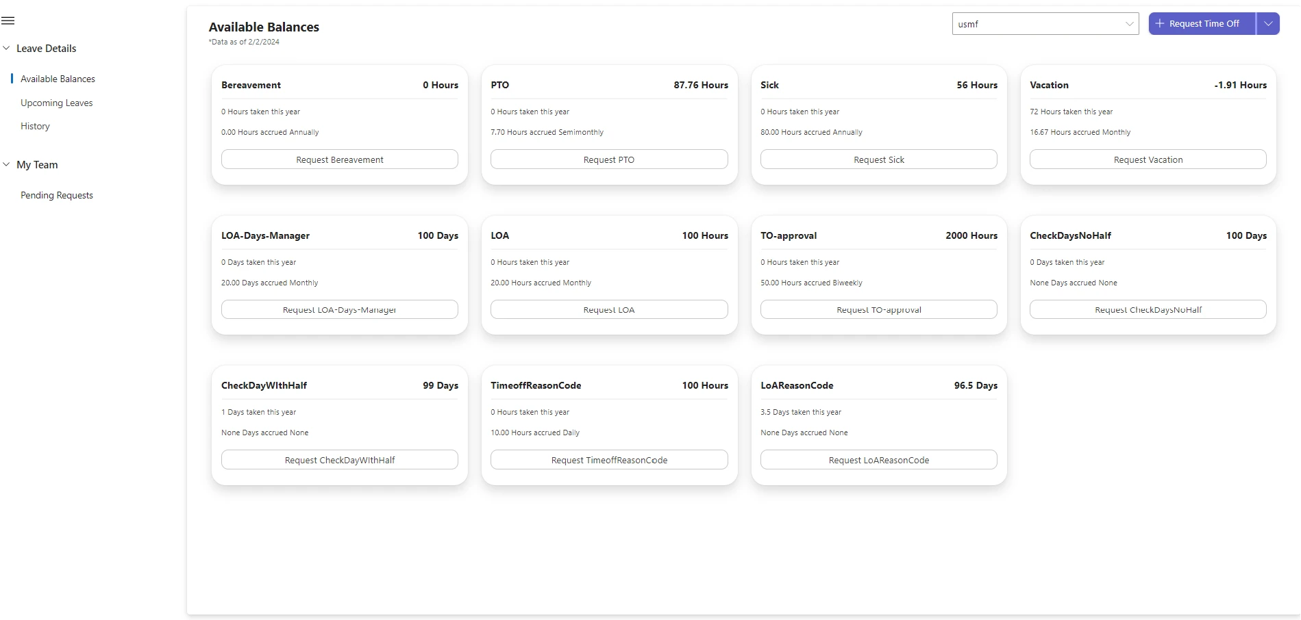 Screenshot showing available leave balances