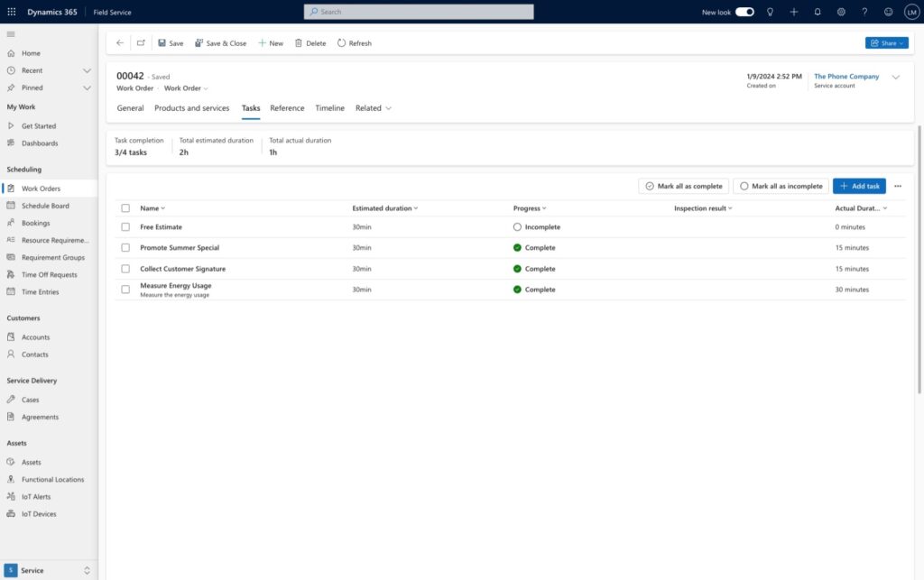 New work order form - Tasks tab