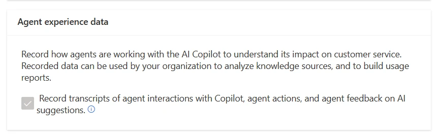 Customer Service admin center UI showing the Agent experience data checkbox selected so the admin can gather interaction data