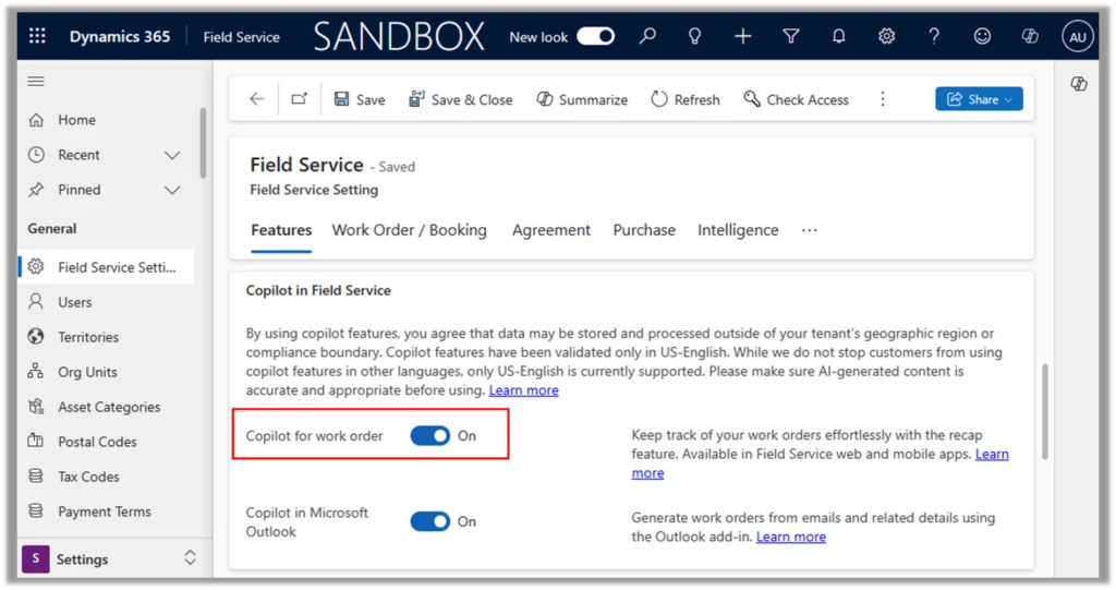 Screenshot of the Field Service setting page, with the Copilot for work order option highlighted.