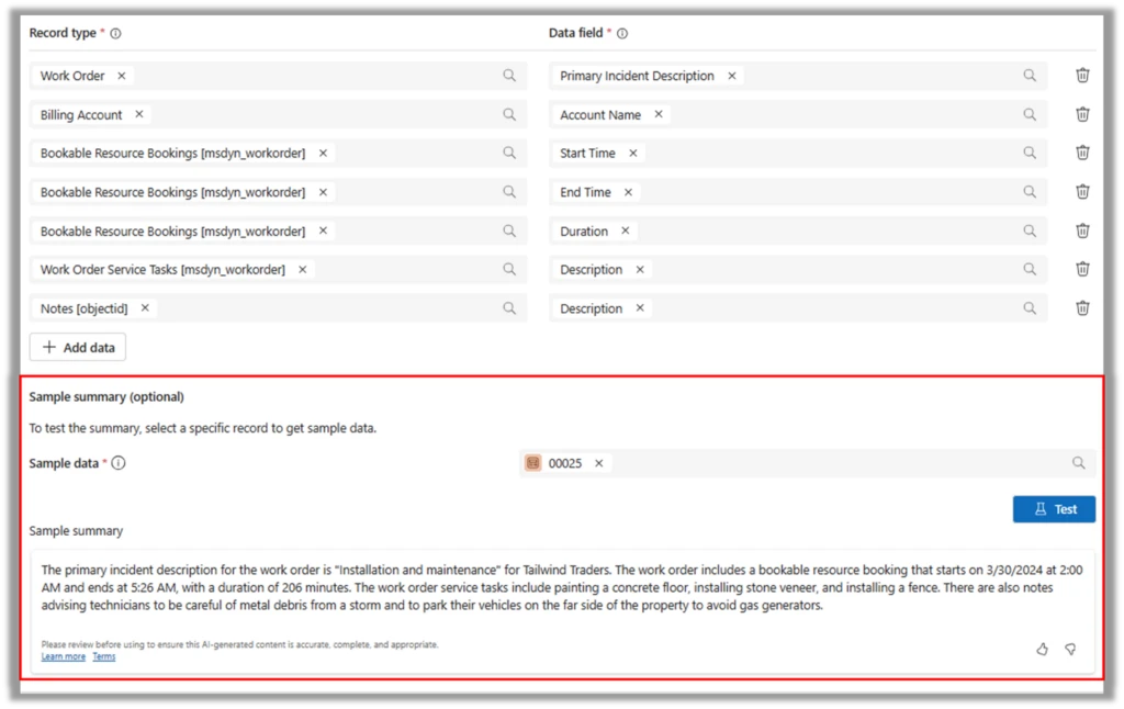 Screenshot of a sample work order summary.
