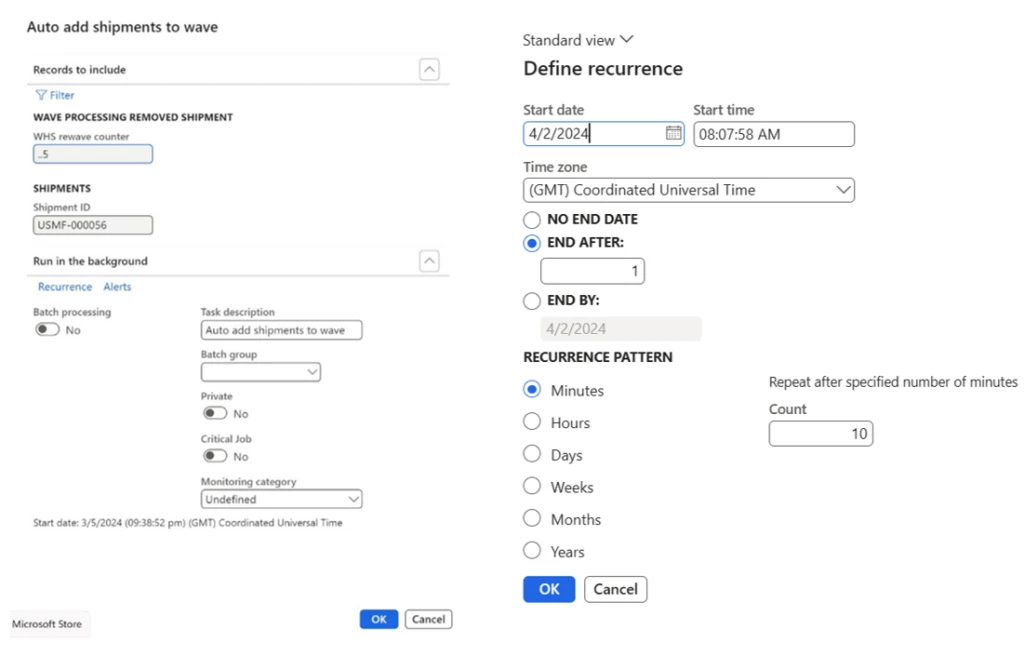 Product Screen Shot Left image: Auto add shipments to wave menu.
Right image: Define Auto add shipments to wave Recurrence menu.