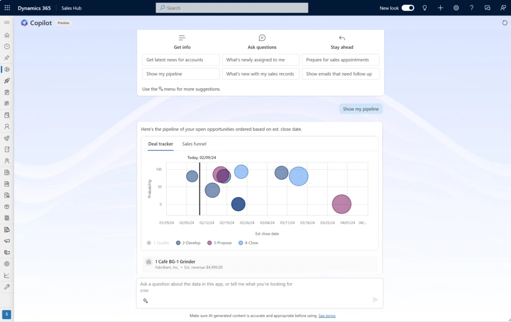 Screenshot of the immersive Copilot workspace in Dynamics 365 Sales.