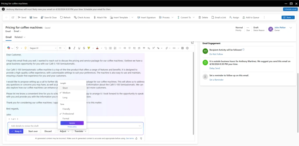 Email screen in Sales Hub showing how emails drafted with Copilot can be adjusted