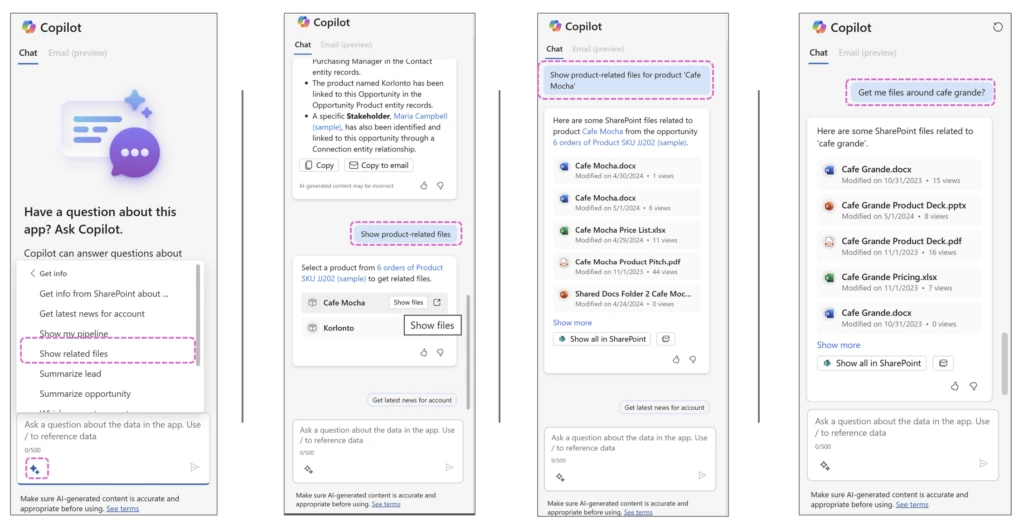 4 side-by-side Copilot sidecar screens showing different ways to access files via Copilot