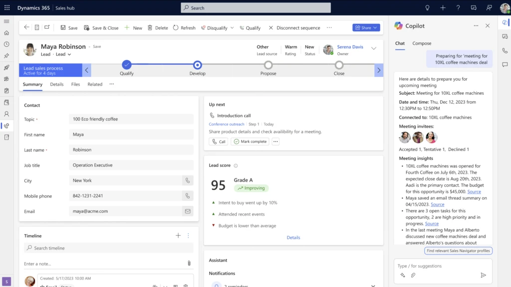 Sales Hub page with Copilot side pane open showing information to prepare for appointments