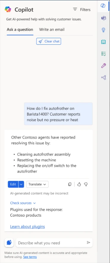 Dynamics 365 Customer Service agent using Copilot leveraging plugins