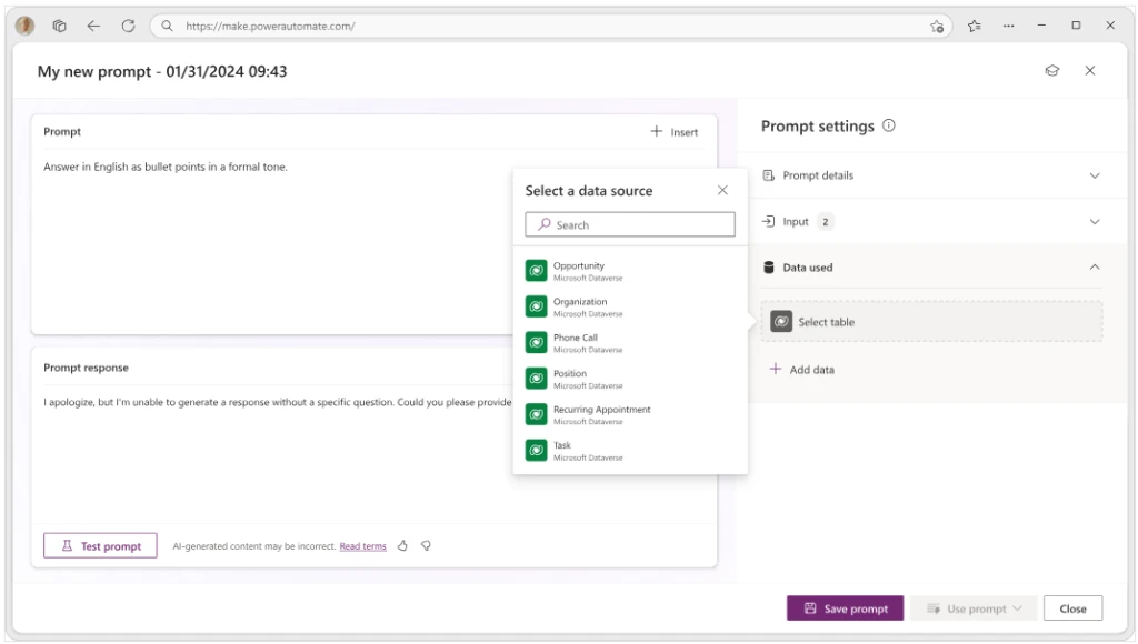 Power Automate user interface to create a new prompt plugin