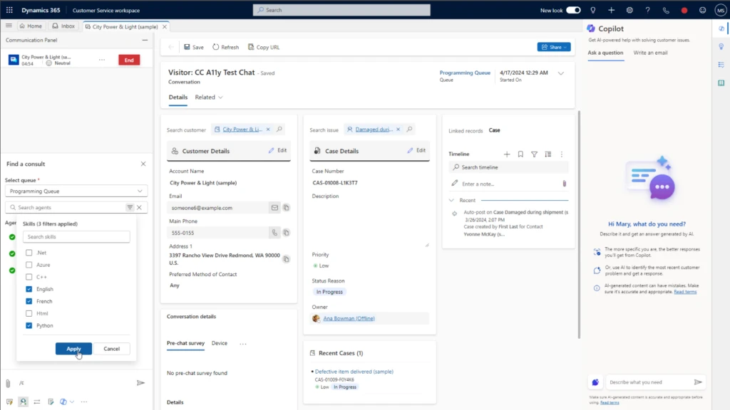 Skill-based search for language in Dynamics 365 Customer Service workspace