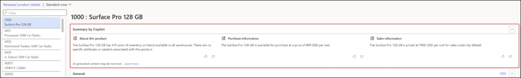 Screenshot of the Copilot product detail summary in Dynamics 365.