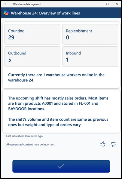 Screenshot of the warehouse worker home screen in Dynamics 365.