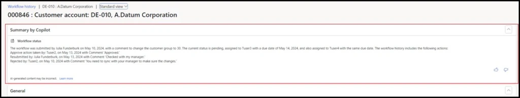 Screenshot of the Copilot workflow history summary in Dynamics 365.