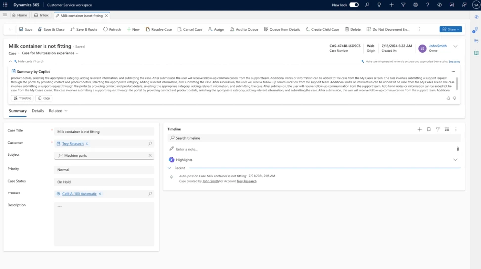Dynamics 365 Customer Service agent desktop showing case summary