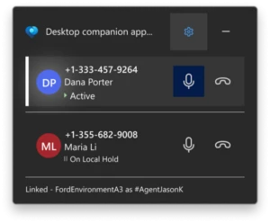 Desktop Companion Application (DCA)  showing calls on hold and inactive calls with phone numbers and connectivity status