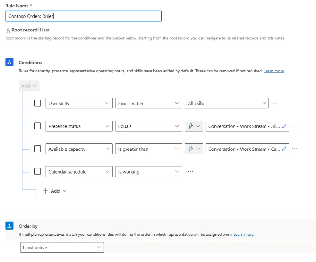 Least active routing used as an Order by condition under the Conditions list