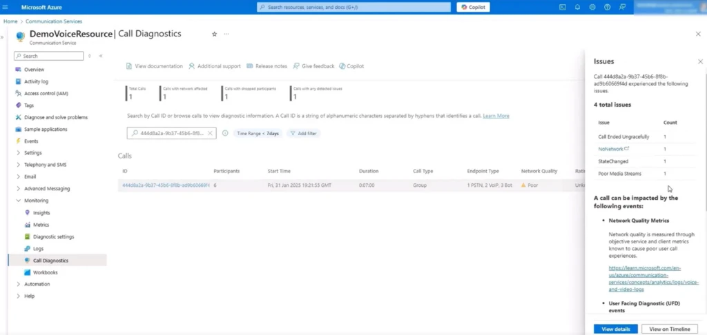 ACS Call Diagnostics query results with issues found
