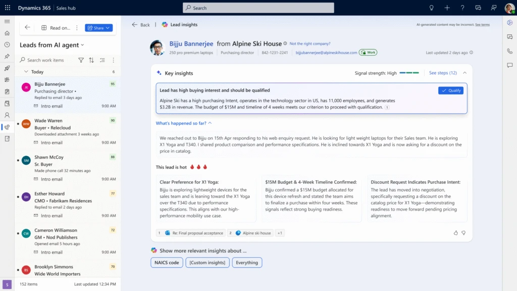 UI of Sales Qualification agent in Microsoft Dynamics 365.