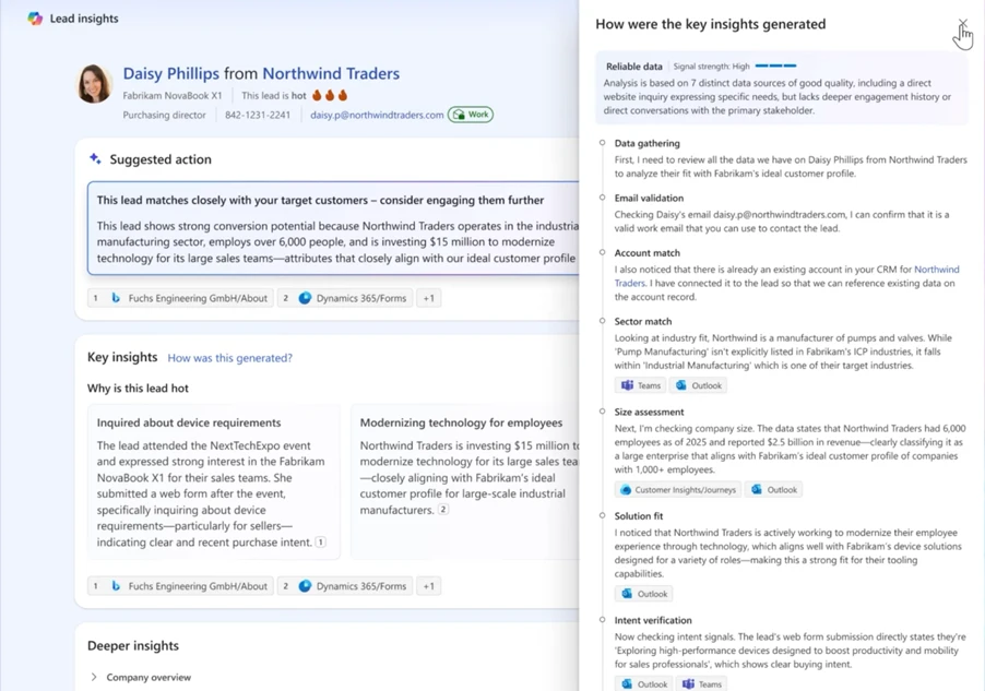Text-based research output generated by Sales Qualification Agent in Dynamics 365 Sales.