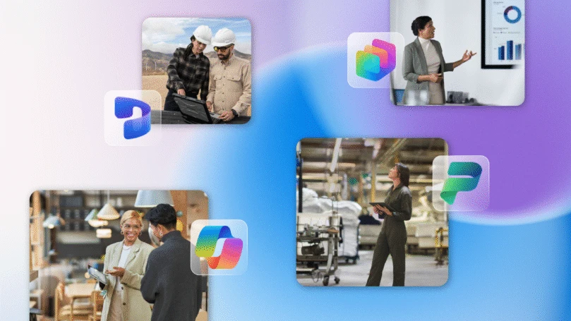 Collage of workplace scenarios&mdash;field technicians reviewing data outdoors, a business presentation with charts, team collaboration in an office, and a factory worker using a tablet&mdash;connected by Microsoft Copilot and Power Platform icons.
