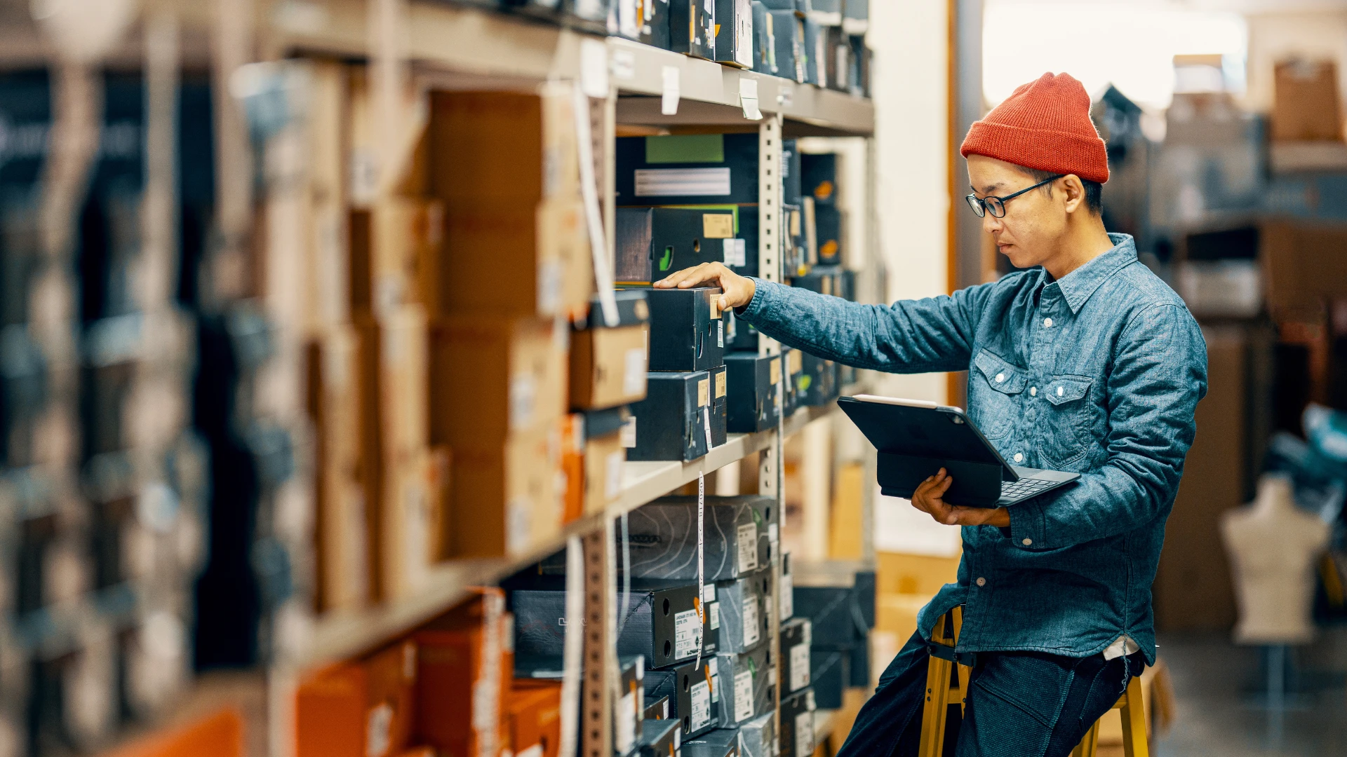 Worker scanning inventory in a warehouse using a tablet for supply chain management