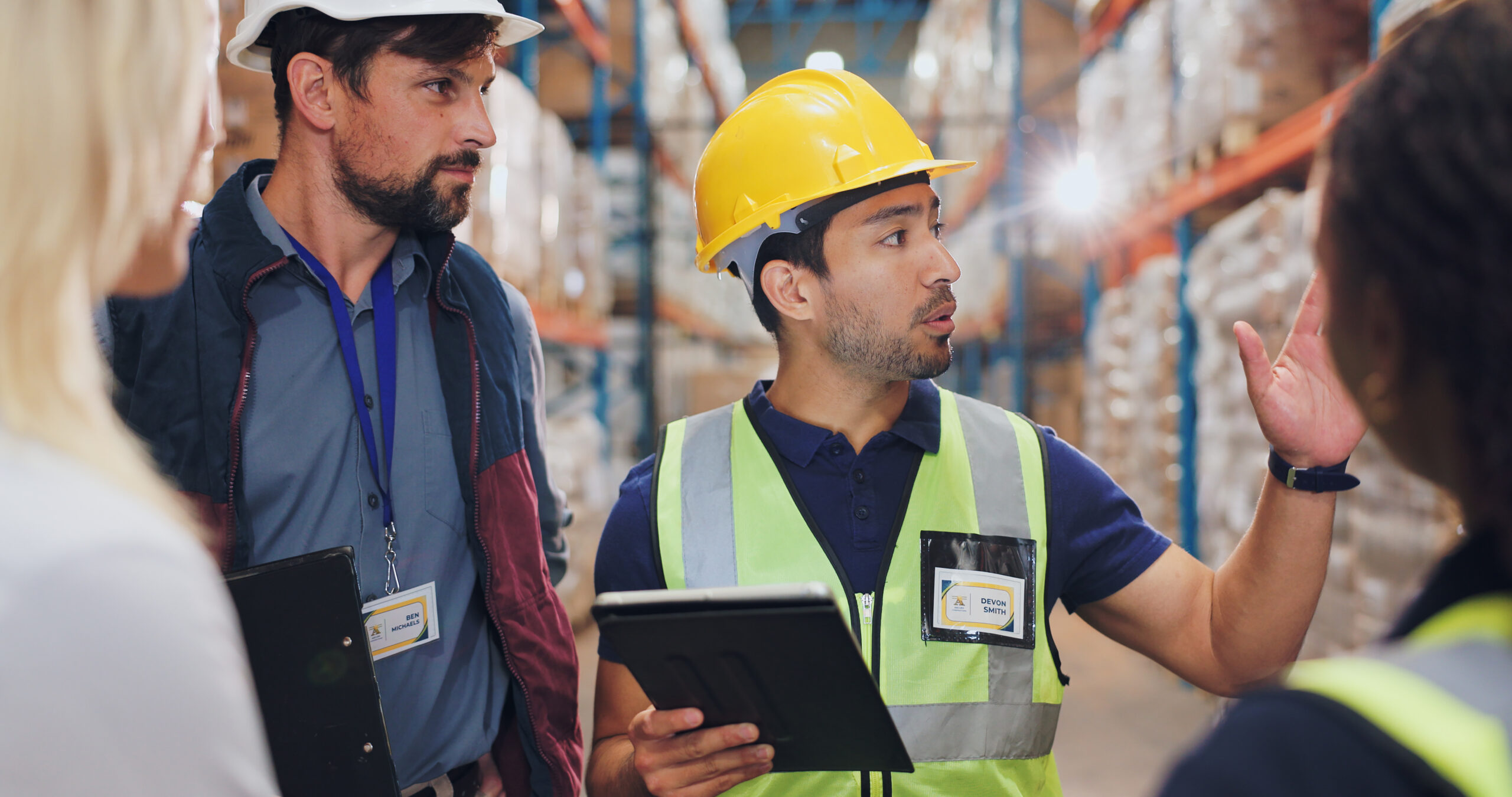 Man, customer and warehouse to explain with tablet for supply chain and selling product. Employee, people and conversation at factory for logistics, manufacturing and delivery or distribution service