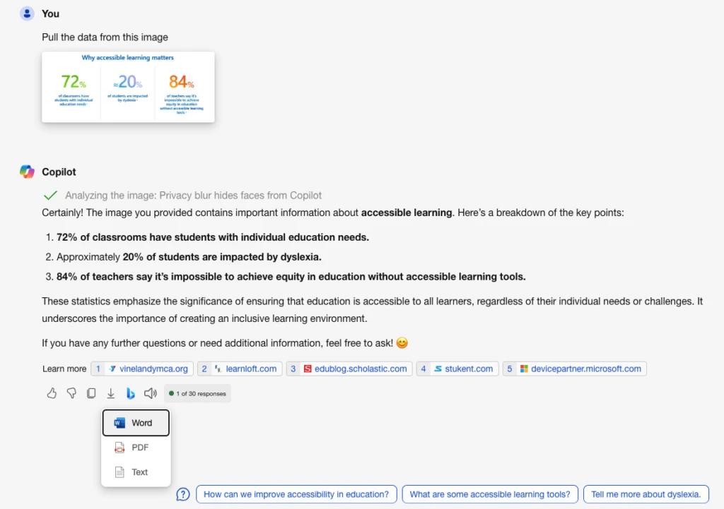 Example of an accessible learning data prompt utilizing Copilot.