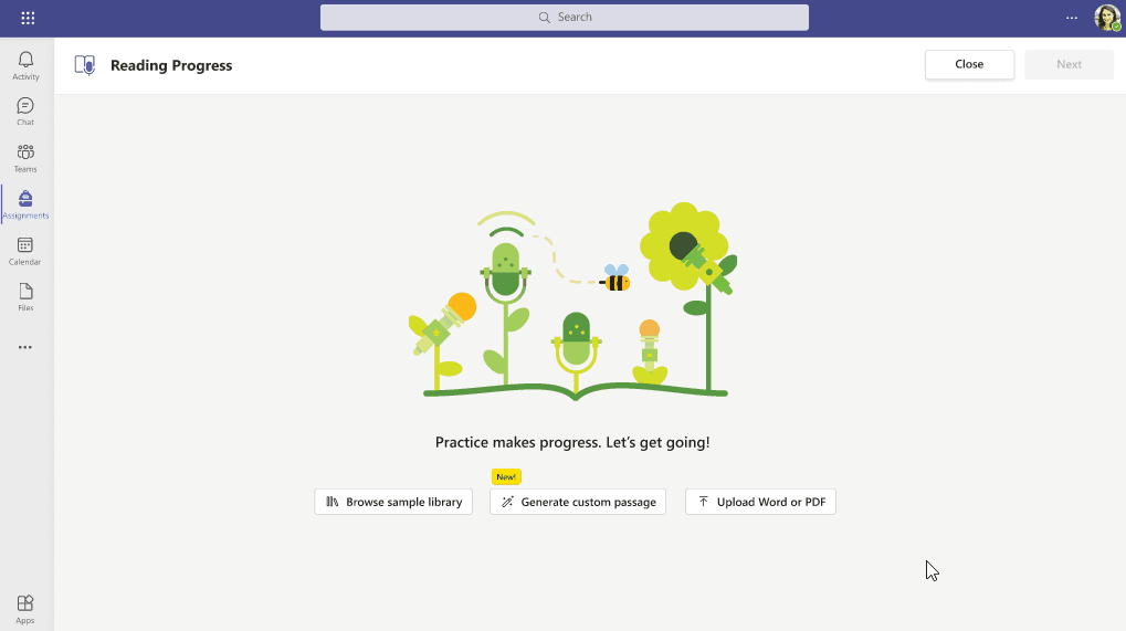 A short demo of how to generate a custom passage in Reading Progress in Microsoft Teams.