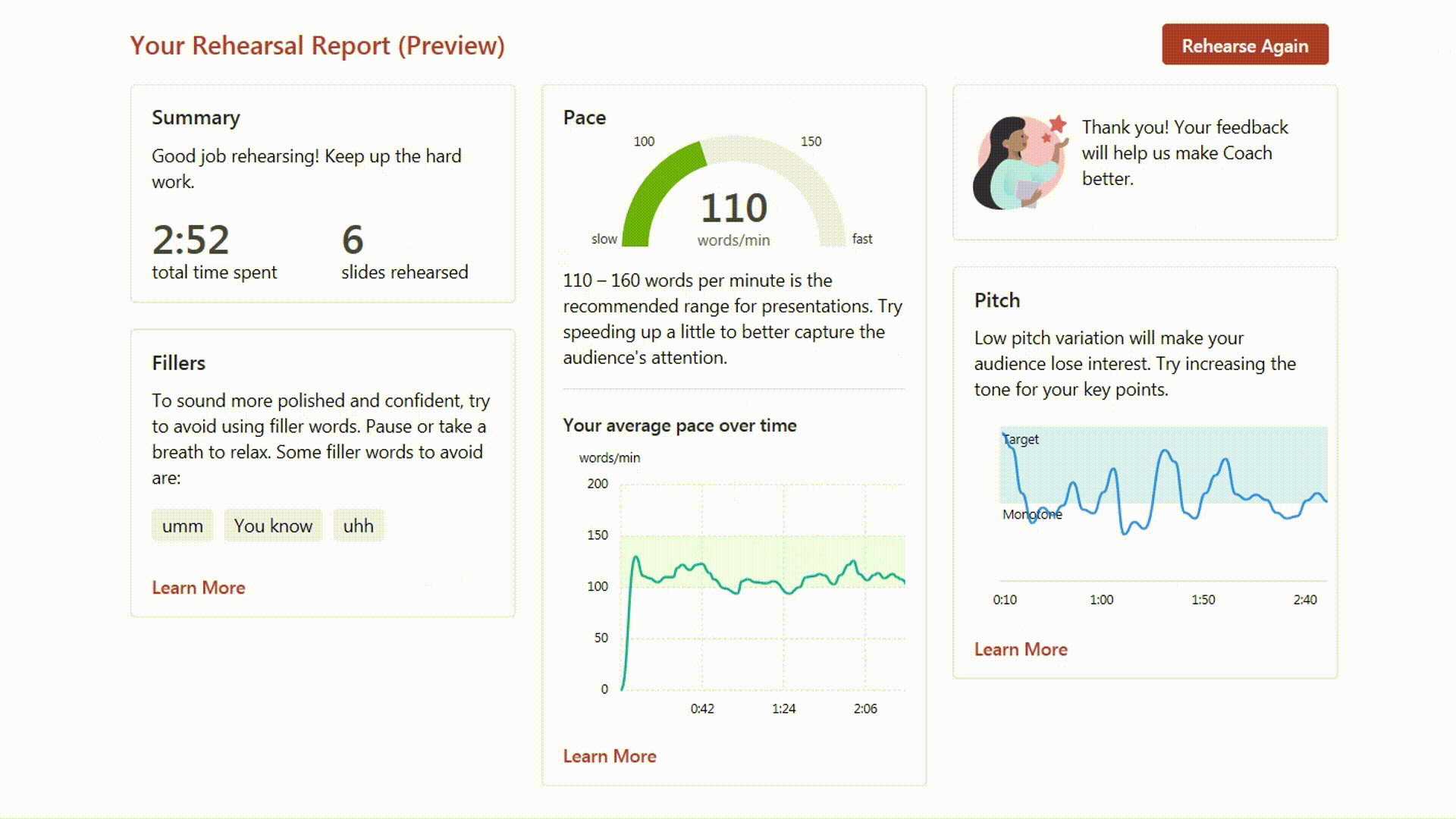 GIF. Rehearsal report with from Speaker Coach in PowerPoint, which includes metrics on pace, pitch, and fillers.
