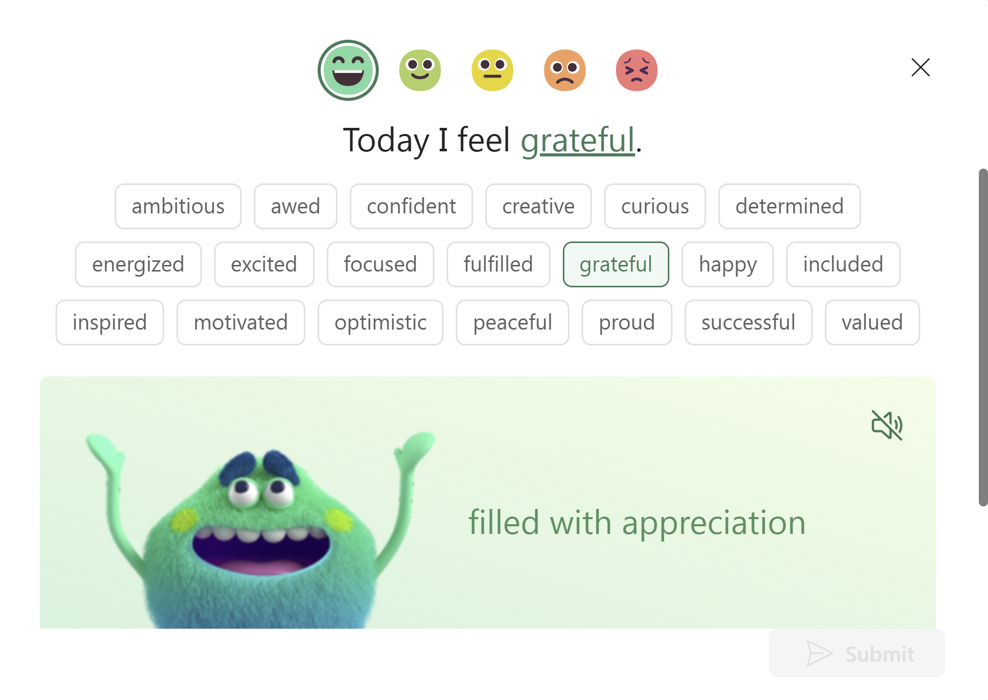 Student interface for choosing their emotions during a Reflect check-in.