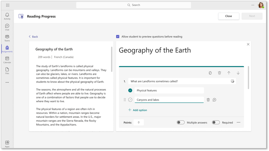 A teacher’s view of creating reading comprehension questions in Reading Progress.