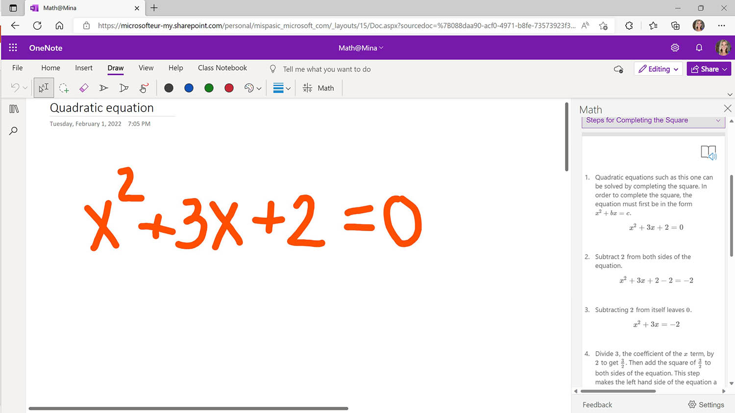Math Assistant in OneNote showing a step-by-step explanation for a quadratic equation.