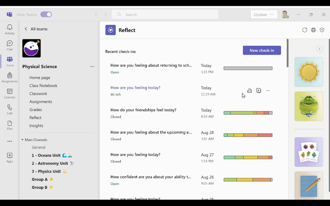GIF. Teacher view of student responses in Microsoft Reflect, along with a summary view of their class.