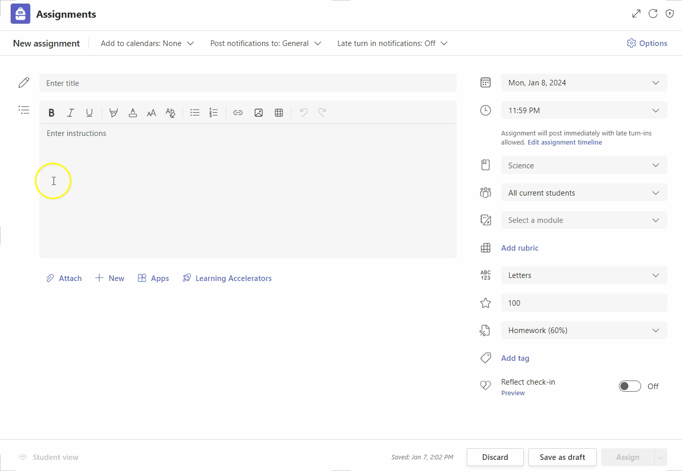 Teacher experience of Assignments in Microsoft Teams, including AI-generated content based on the prompt “add details.