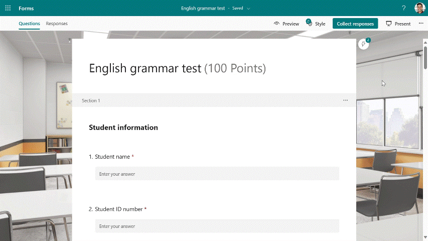 GIF showing theme suggestions in Microsoft Forms: the user browses through several theme options, each previewing different colors and styles for the form.