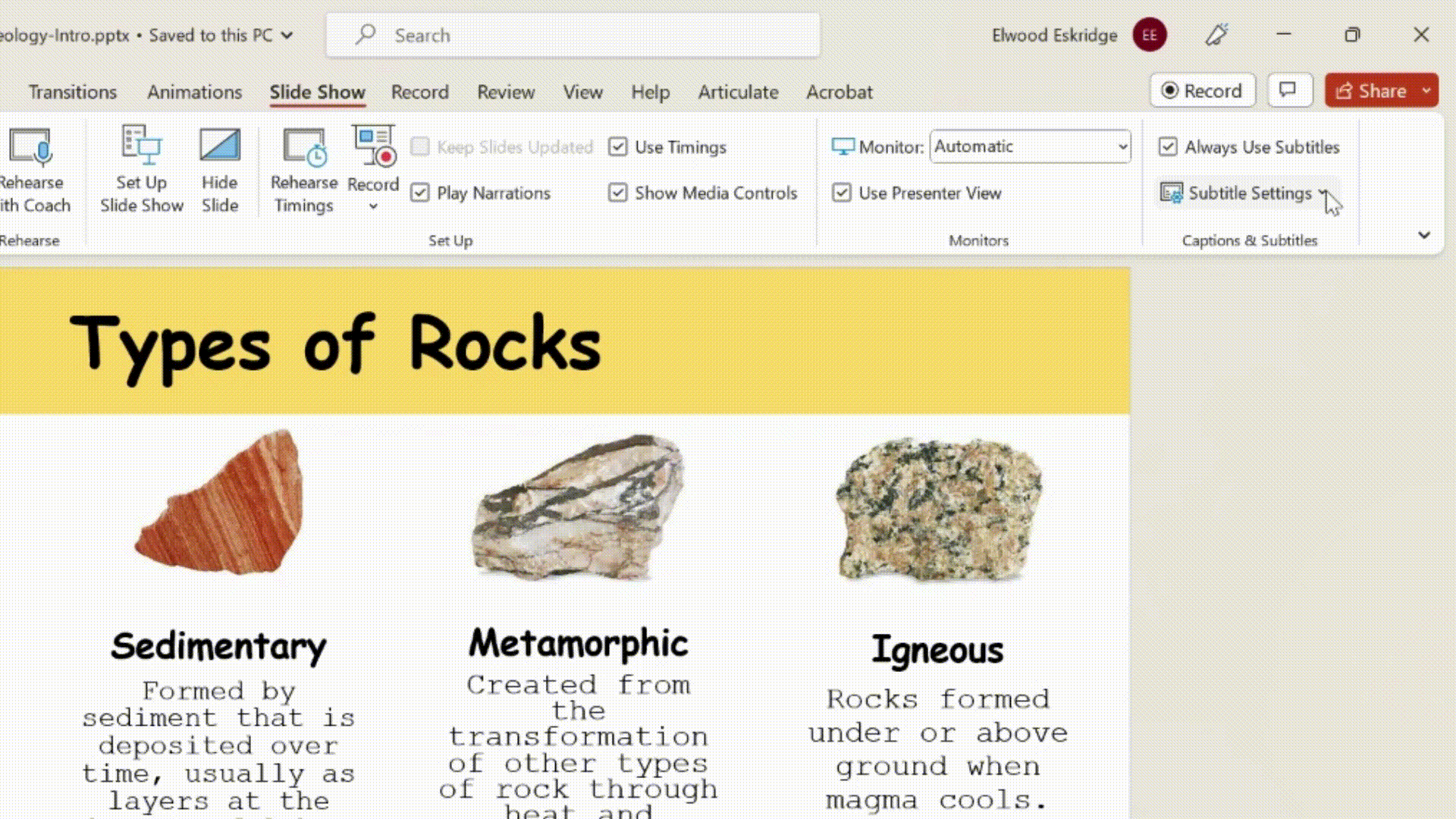 GIF. Subtitle Settings menu in Microsoft PowerPoint.