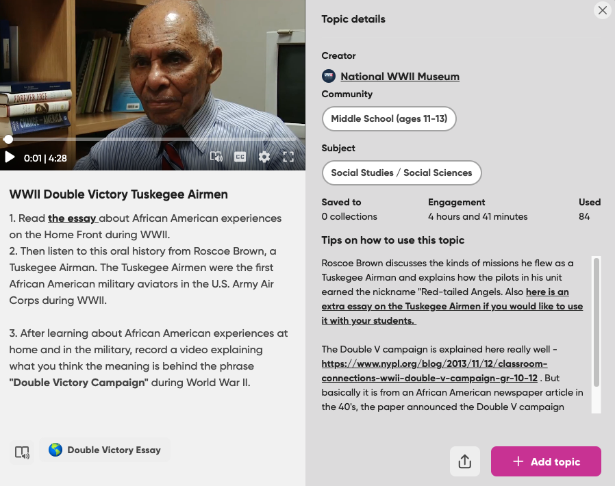 Teacher view of a Microsoft Flip discussion topic about the Tuskegee Airmen created by the National WWII Museum.