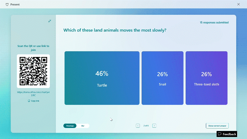 Demonstration of submitting responses through a QR code and displaying live, anonymous results using Forms Present mode.