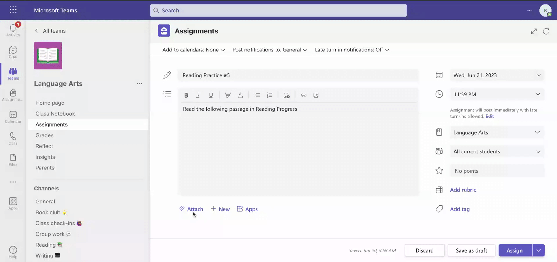 Reading Progress assignment in Teams.