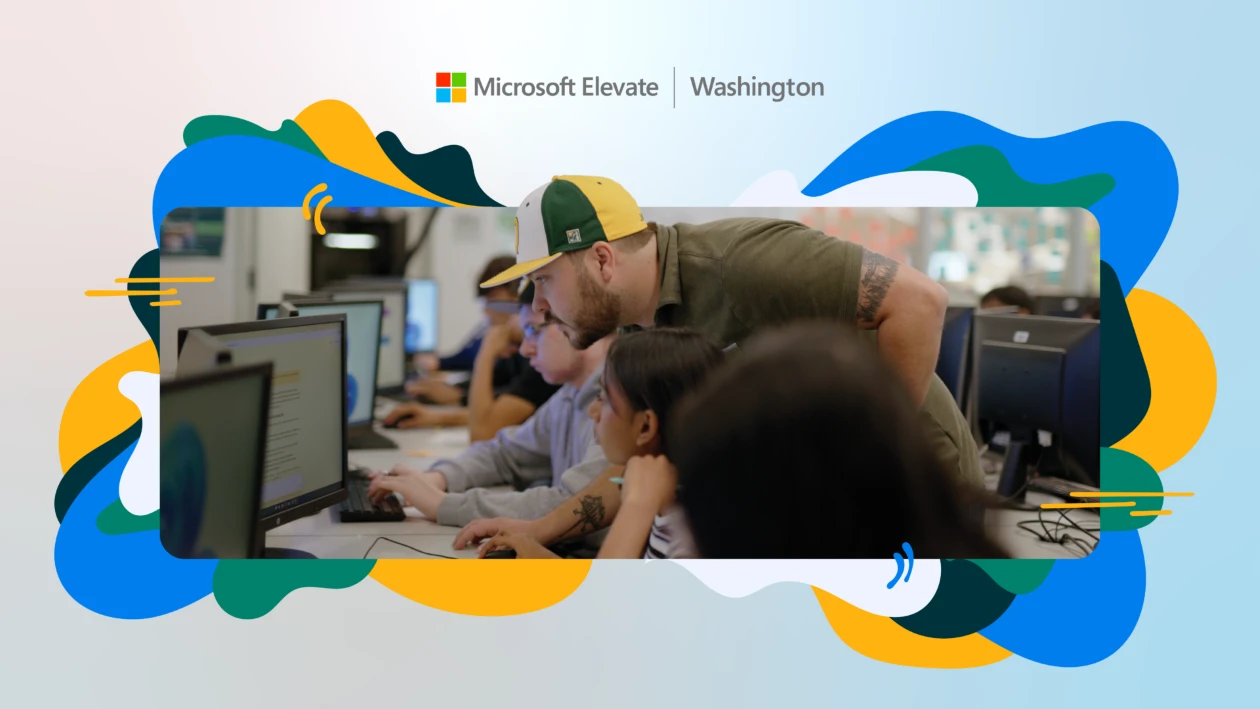 Digital collage featuring people collaborating in a computer lab, with an instructor leaning over to assist participants working on desktop computers. The background features the Microsoft Elevate Washington branding with colorful abstract shapes