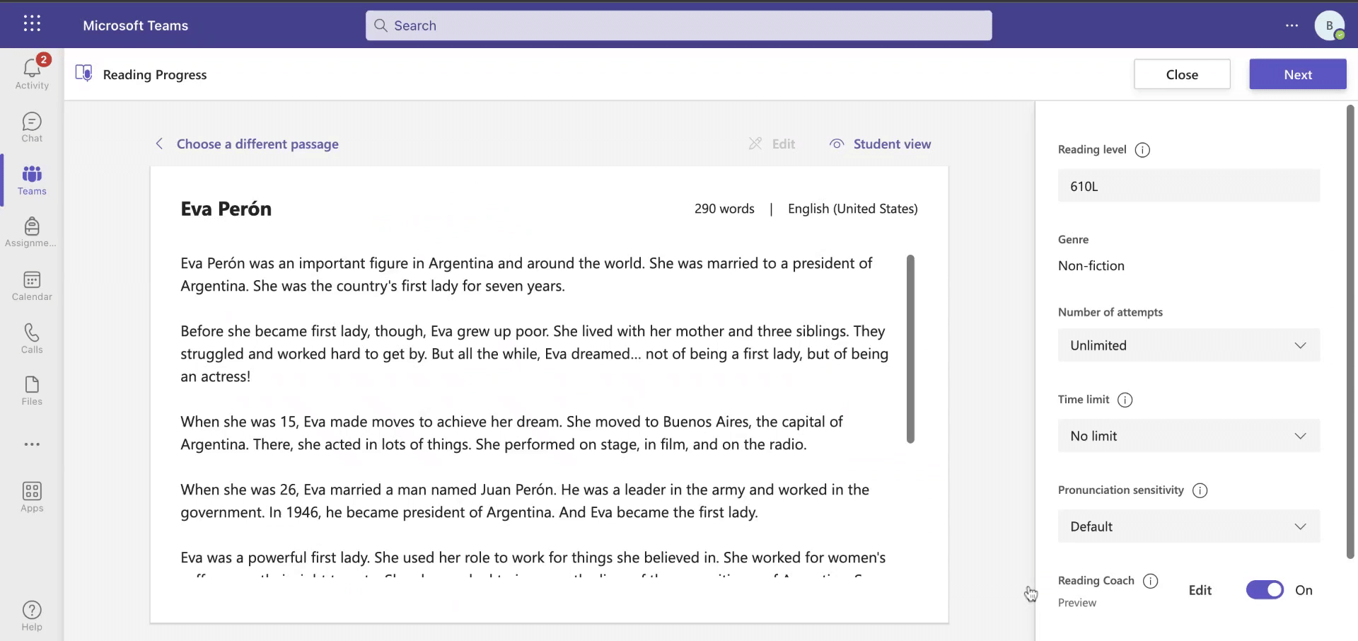 Reading Coach settings in Reading Progress.