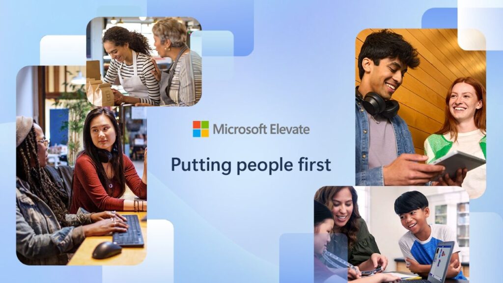 Graphic for Microsoft Elevate with the tagline 'Putting people first,' featuring diverse groups of people collaborating in various work settings.