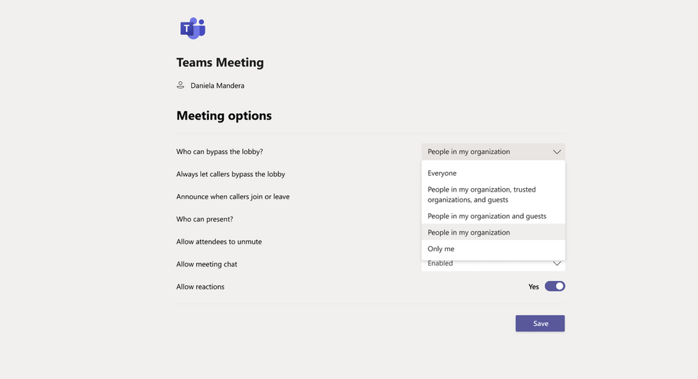 A screen shot of Meeting options in Microsoft Teams.